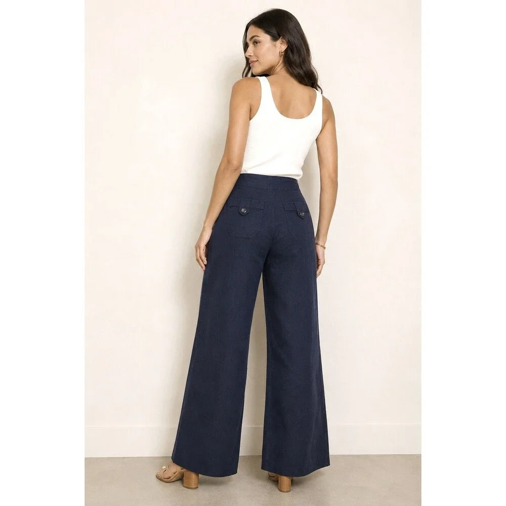 Banana Republic Womens Size 0 Navy 100% Linen Sailor Button Wide Leg Pants